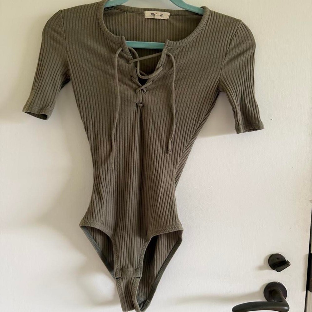 Madewell Womens Khaki Green Ribbed Short Sleeve Tie Front Bodysuit XXS